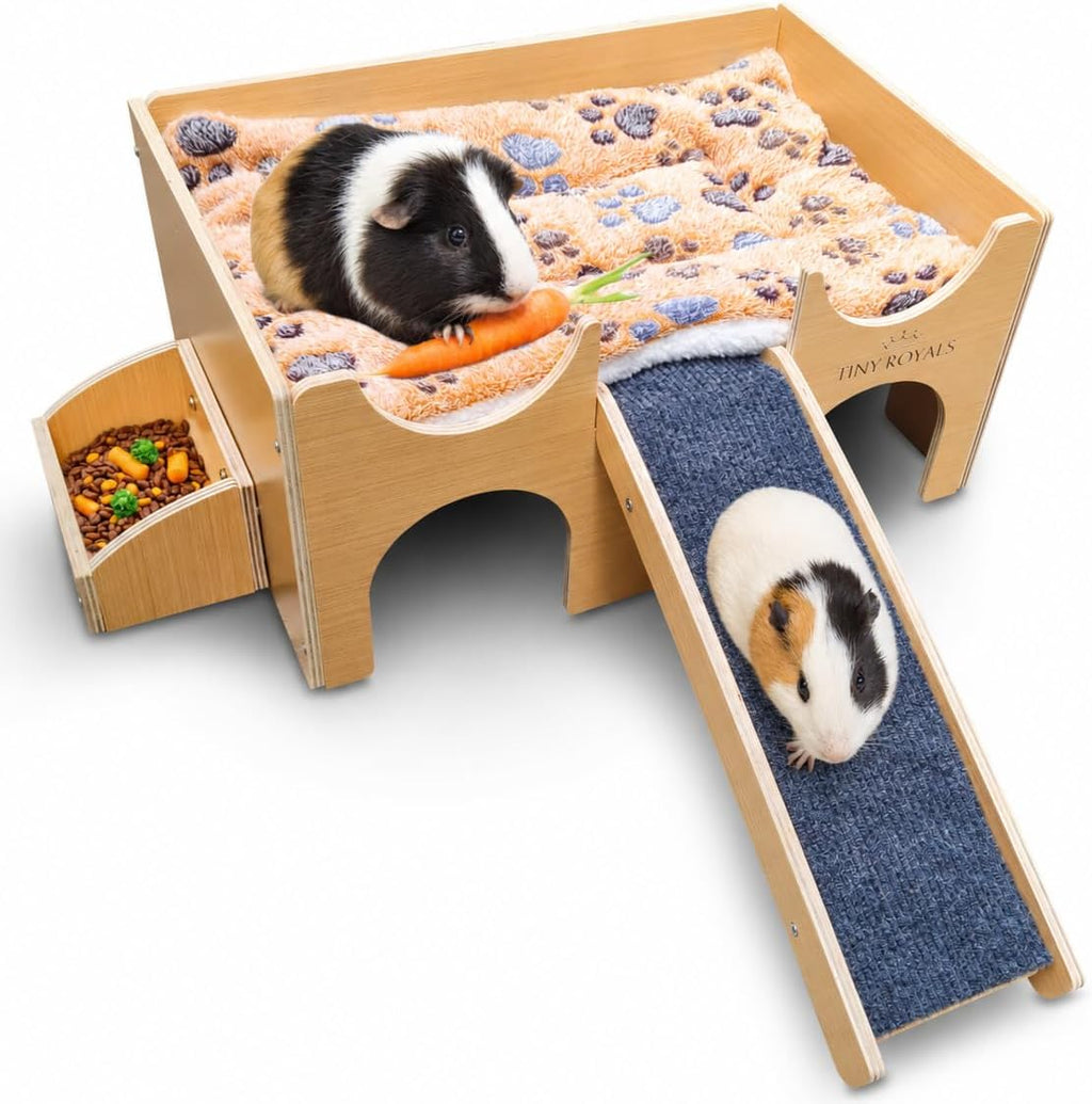 Guinea Pig Wooden Hideout with Built-in Feeder, Screw-Assembled Natural Wood Castle with Absorbent Fleece Mat, Ramp & Accessories, Cozy Safe Hideaway for Small Pets to Rest, Play & Explore - Image 1