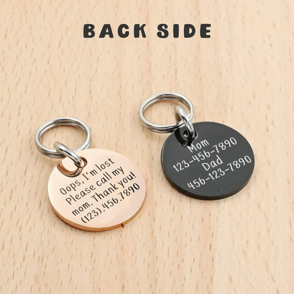 Double sided laser engraved stainless steel identifier tag for puppies.