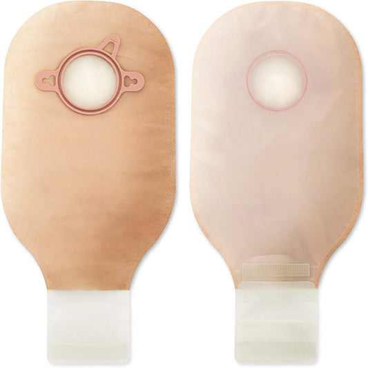 Hollister New Image Two Piece Drainable Ostomy Pouch front view showing transparent film and blue coupling ring.