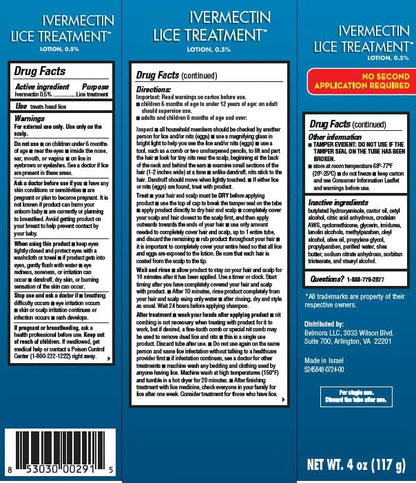 Close up of Ivermectin 0.5 percent lice treatment label details