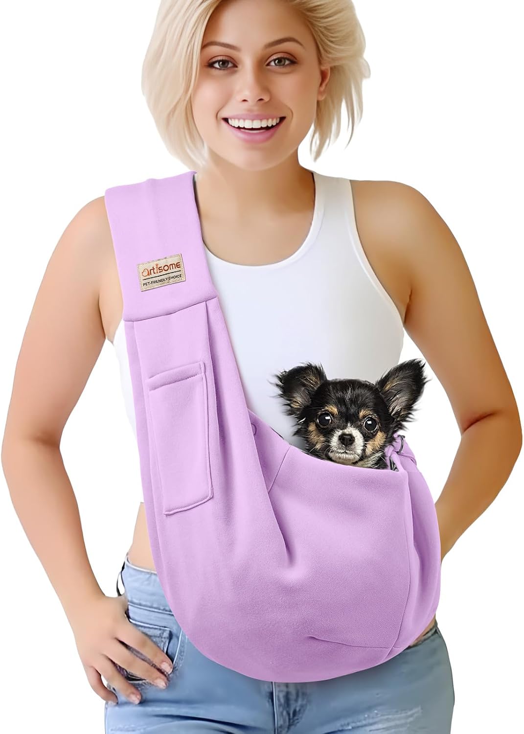 Lifestyle shot of person using artisome pet carrier for small dog