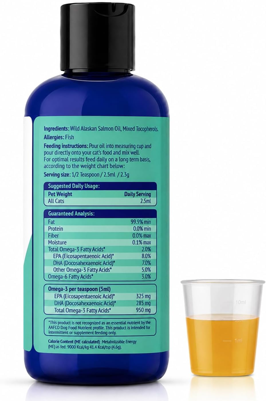 NuLife Natural Pet Health premium feline fish oil packaging detail showing EPA and DHA benefits