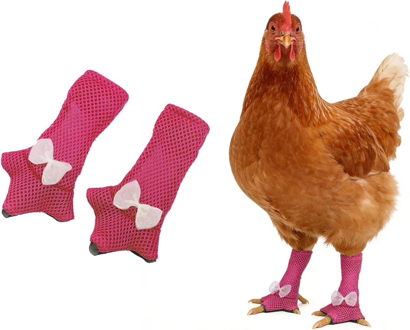 Rzysurt chicken shoes for injured feet front view showing bright pink mesh design on a hen