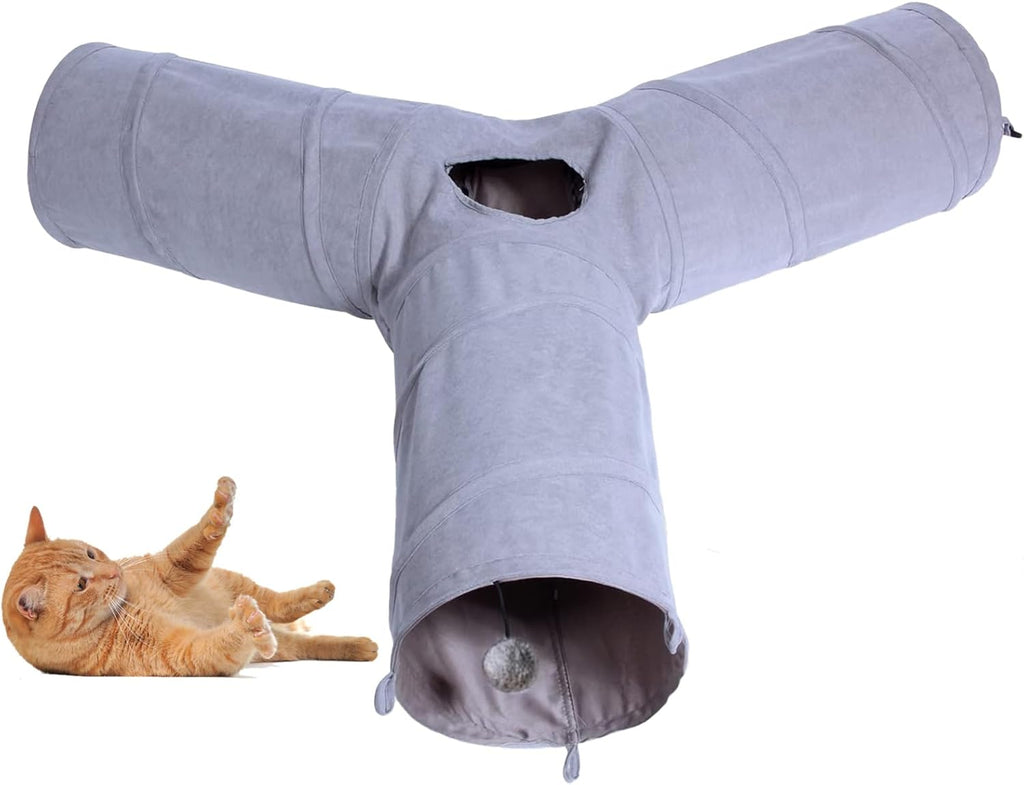 TiLanmiy indoor rabbit tunnel toy highlighting the soft grey suede fabric texture.