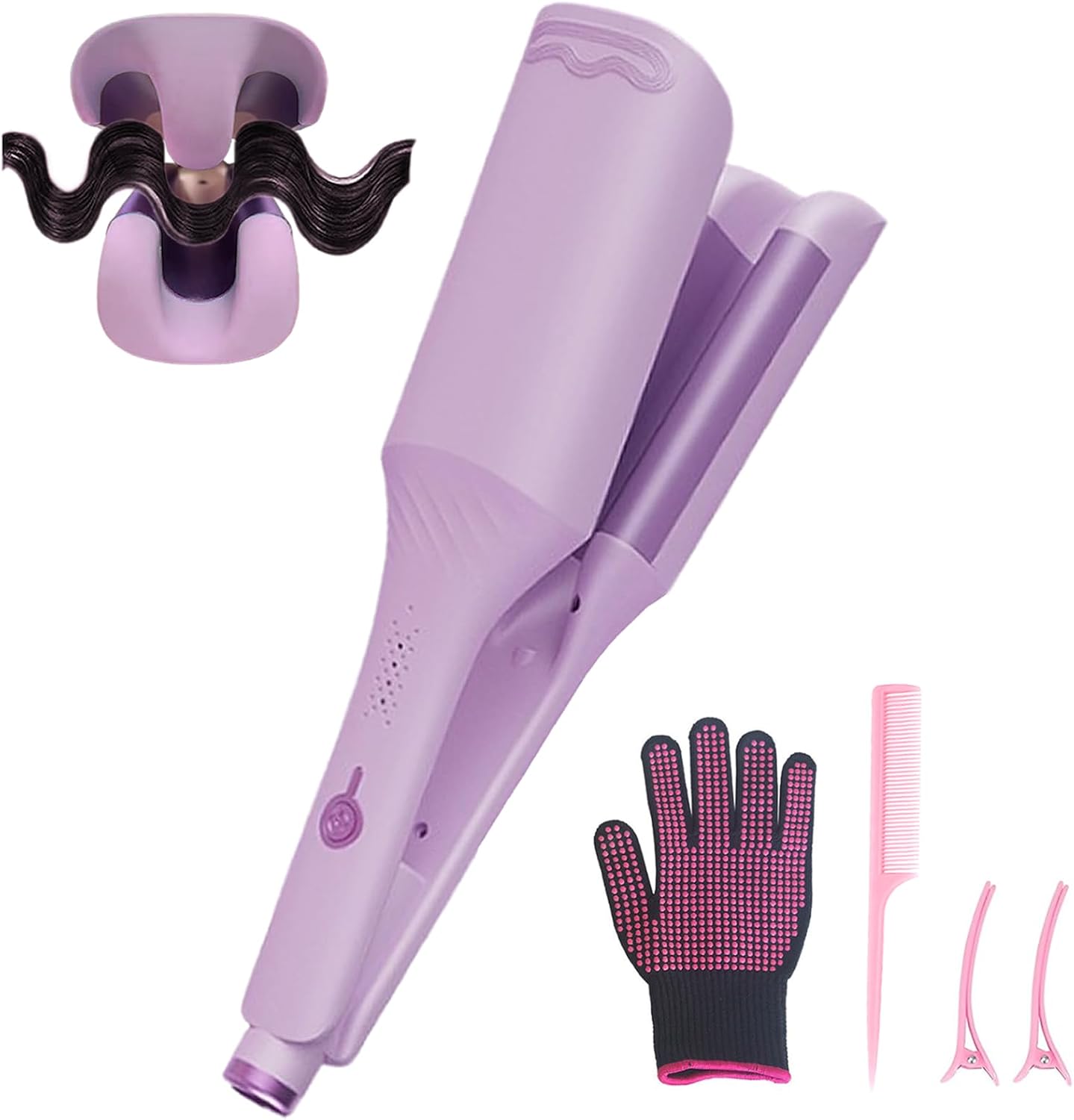 UJIO waver hair crimper front view purple triple barrel curling iron