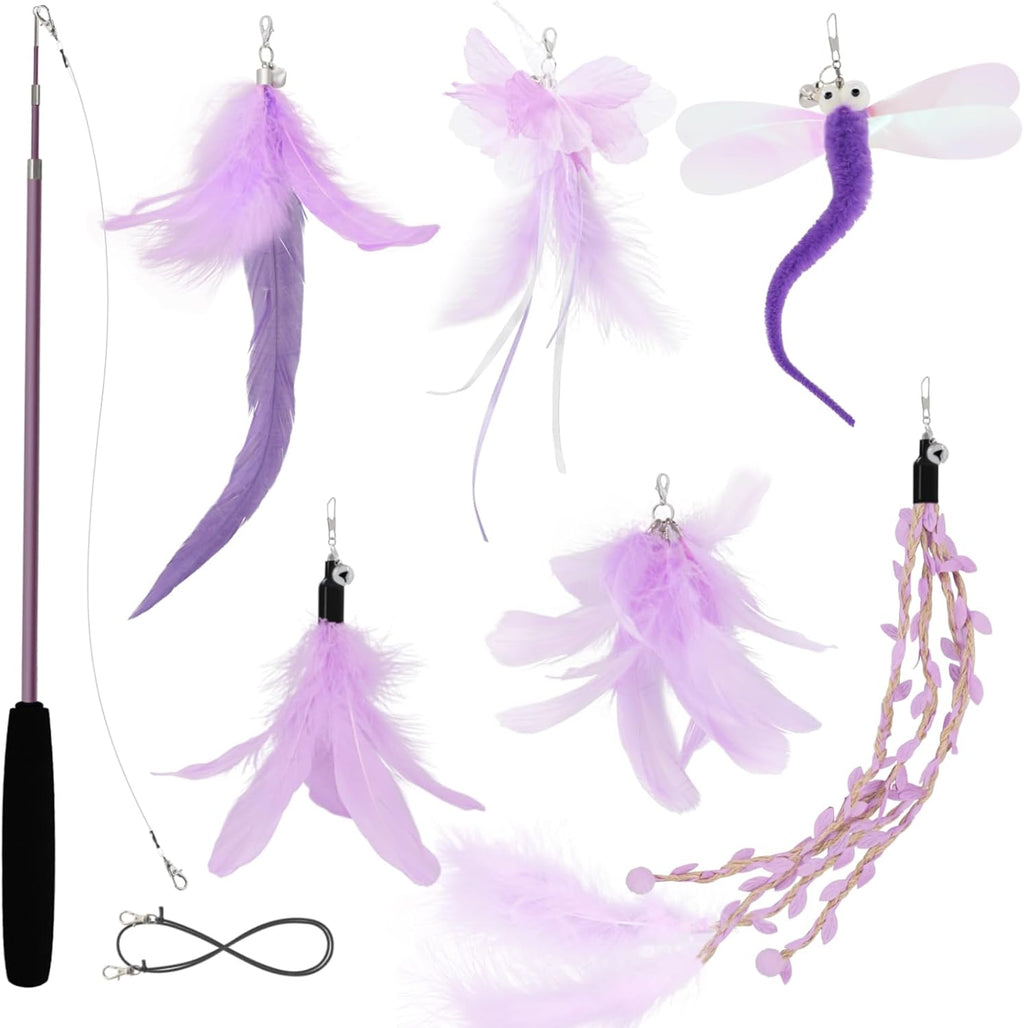 SONGWAY Cat Wand Toys for Indoor Cats - Cat Toy Set with Retractable Teaser Wand and 6 PCS Fairy Feather Toy Refills, Butterfly Tassel Plush Cat Toys Interactive, Pink - Image 9