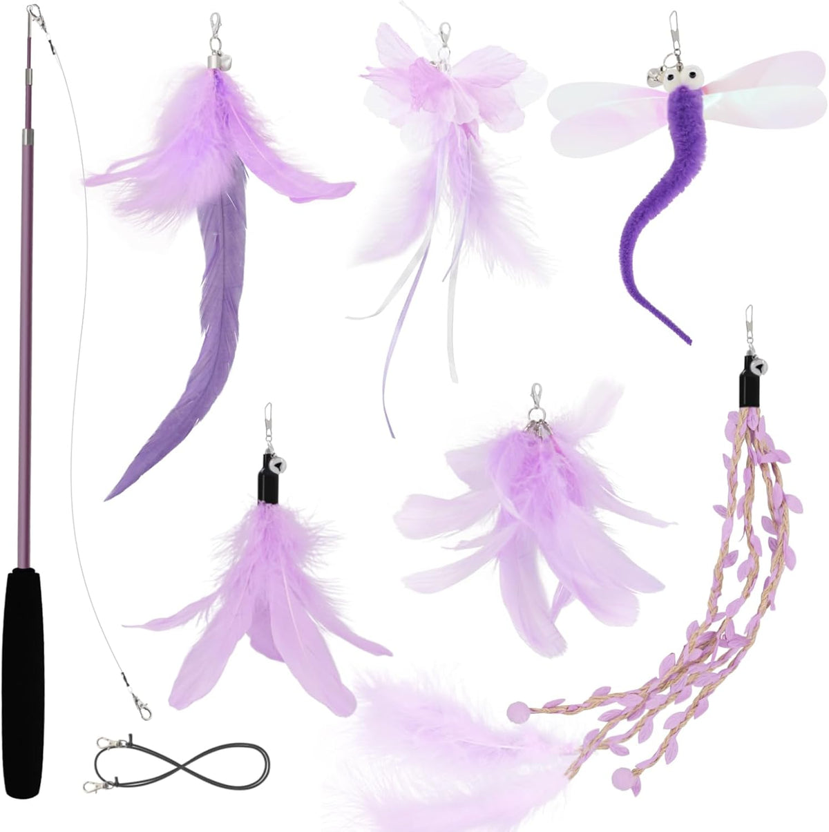 SONGWAY Cat Wand Toys for Indoor Cats - Cat Toy Set with Retractable Teaser Wand and 6 PCS Fairy Feather Toy Refills, Butterfly Tassel Plush Cat Toys Interactive, Pink - Image 9