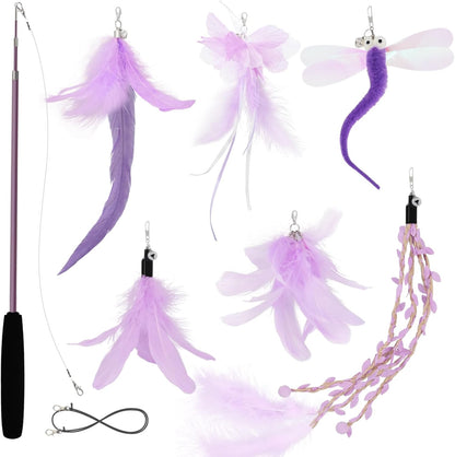SONGWAY Cat Wand Toys for Indoor Cats - Cat Toy Set with Retractable Teaser Wand and 6 PCS Fairy Feather Toy Refills, Butterfly Tassel Plush Cat Toys Interactive, Pink - Image 9