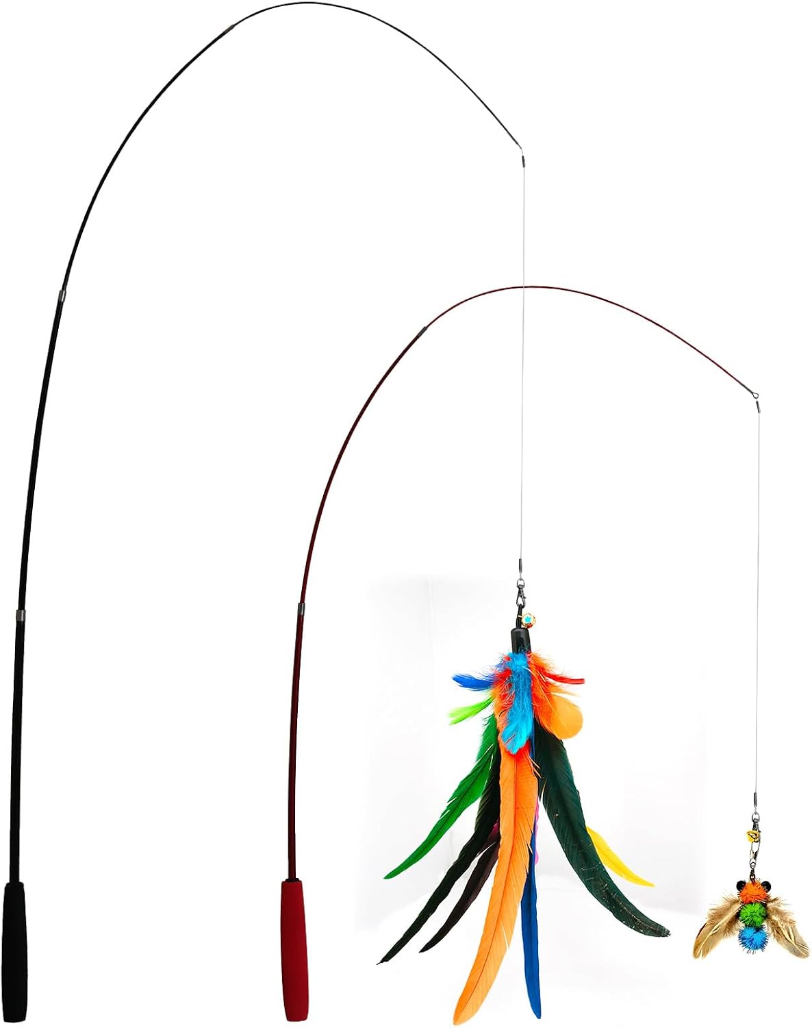 Close up of the giant thirteen inch natural feather attachment with bell for interactive indoor cat entertainment.