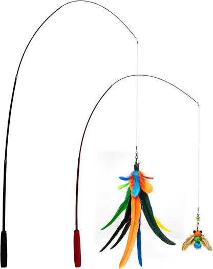Close up of the giant thirteen inch natural feather attachment with bell for interactive indoor cat entertainment.