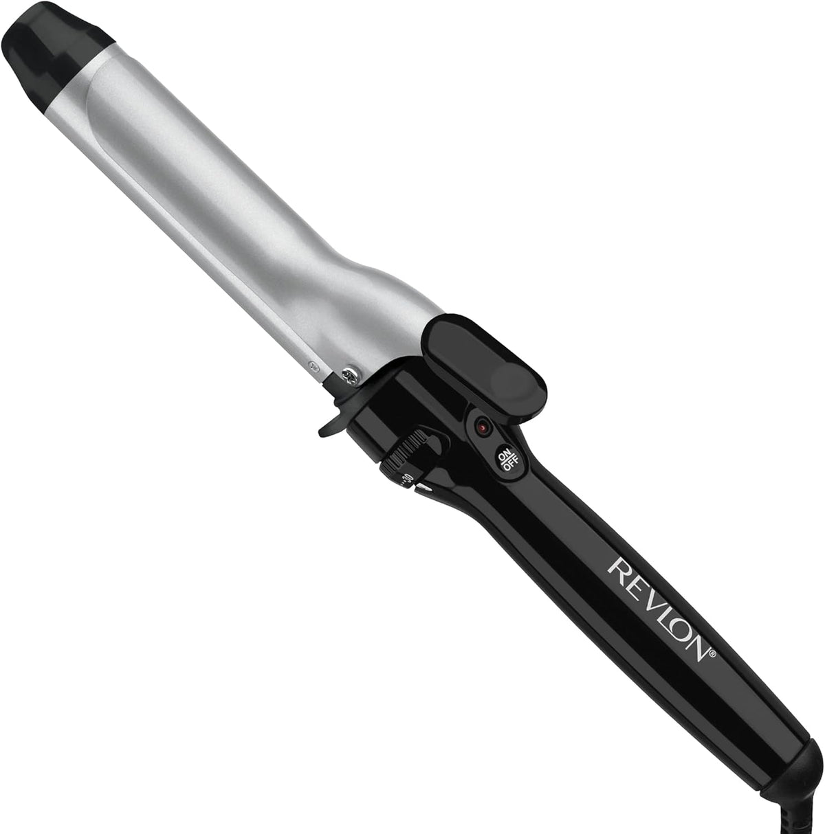 Revlon Perfect Heat triple ceramic curling iron front view showing the clamp and handle
