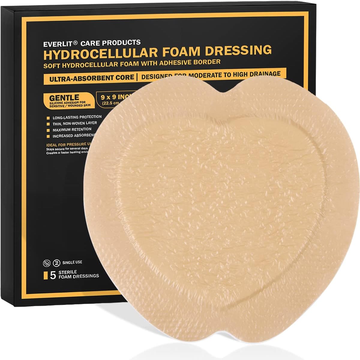 EVERLIT sacrum silicone foam dressing box front view showing sterile packaging.