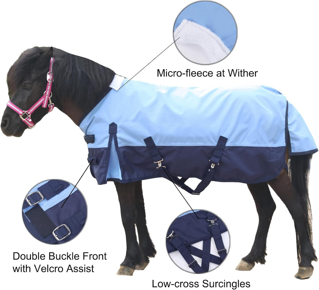 Gallopoff Miniature Pony Rain Sheet showing adjustable double buckle front closures