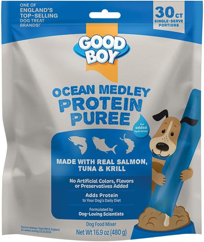 Good Boy Ocean Medley Protein Purees Dog Food Mixers for All Adult Dogs, 10 Count, Easy Single-Serve Triple Flavor Topper Treats with Salmon, Tuna and Krill - Image 12