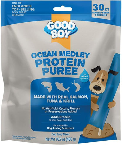 Good Boy Ocean Medley Protein Purees Dog Food Mixers for All Adult Dogs, 10 Count, Easy Single-Serve Triple Flavor Topper Treats with Salmon, Tuna and Krill - Image 12