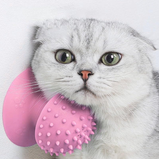 Mixnex Cat Self Groomer with suction cups in pink, front view showing bristles and mounting base.