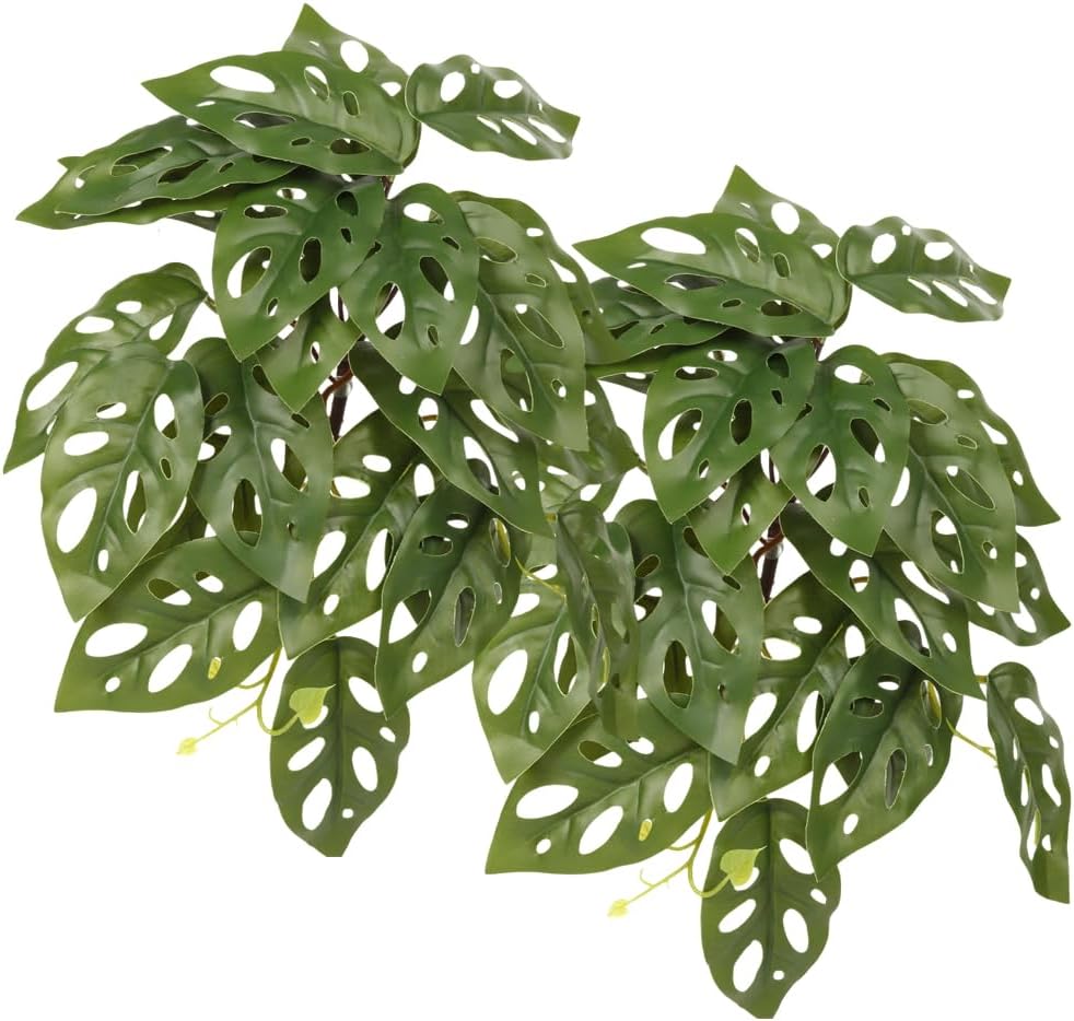 2Pack Reptile Fake Plants for Terrarium, Snake Tank Accessories, Habitat Decor Artificial Hanging Plants with Suction Cup - Fake Monstera - Image 13