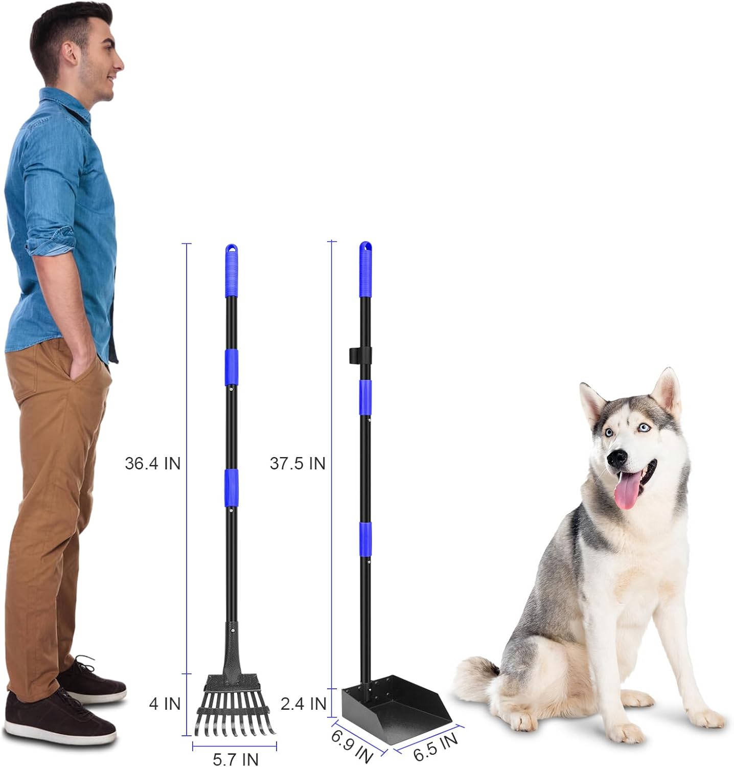 Non stick pet waste tray and rake set for outdoor dog poop removal.