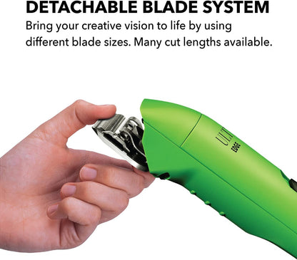 Andis UltraEdge professional heavy coat pet clipper showing the locking power switch.