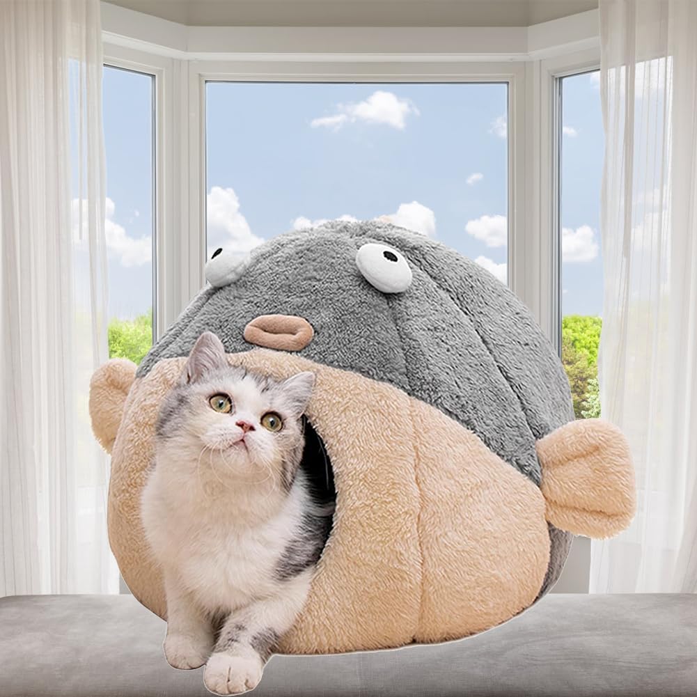 Cat Beds for Indoor Cats - Cat Bed Cave with Removable Washable Cushioned Pillow, Soft Plush Premium Cotton No Deformation Pet Bed, Lively Pufferfish cat House Design, Grey, Multiple Sizes - Image 10