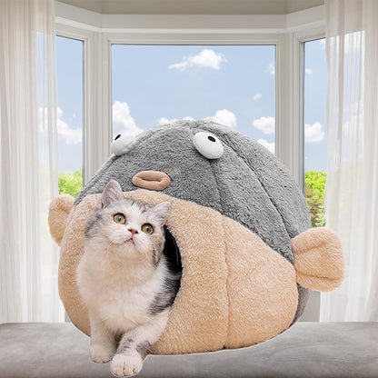 Cat Beds for Indoor Cats - Cat Bed Cave with Removable Washable Cushioned Pillow, Soft Plush Premium Cotton No Deformation Pet Bed, Lively Pufferfish cat House Design, Grey, Multiple Sizes - Image 10