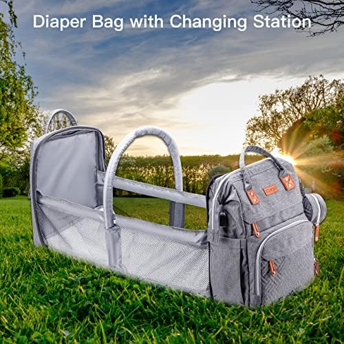 ISMGN gray diaper backpack displaying USB charging port feature