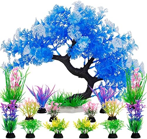 MyLifeUNIT blue and white plastic aquarium tree decoration with heavy ceramic base