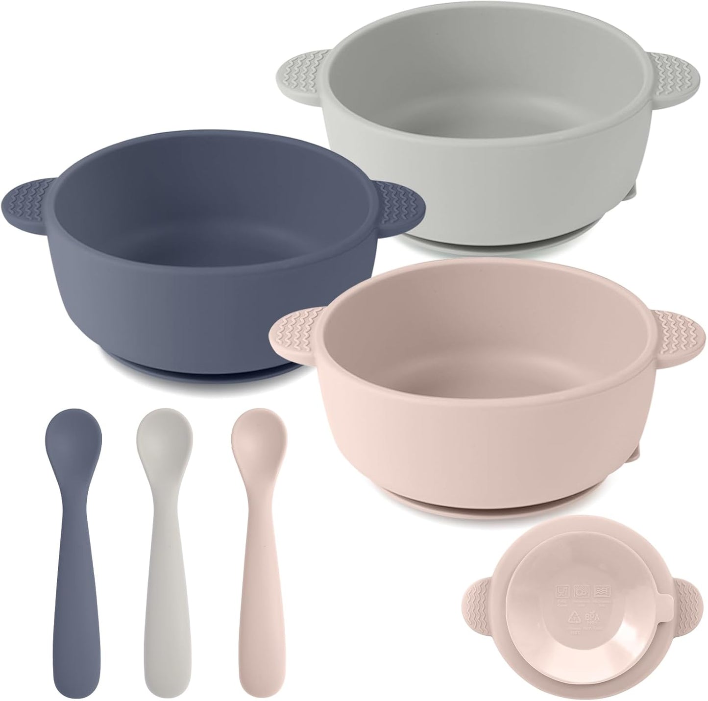 Eascrozn silicone baby feeding set front view with three bowls and spoons