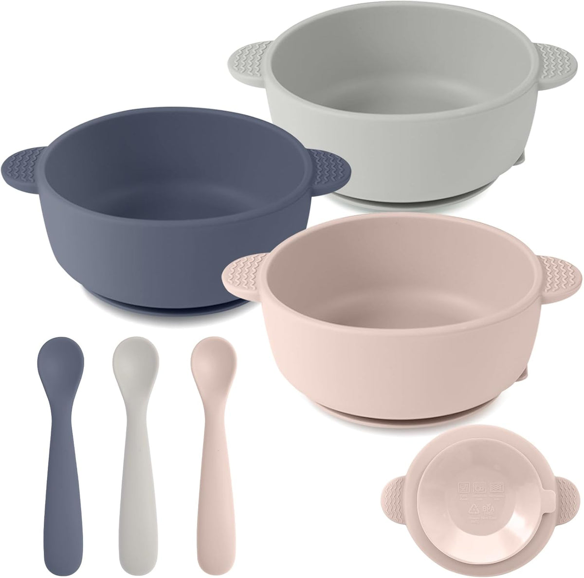 Eascrozn silicone baby feeding set front view with three bowls and spoons