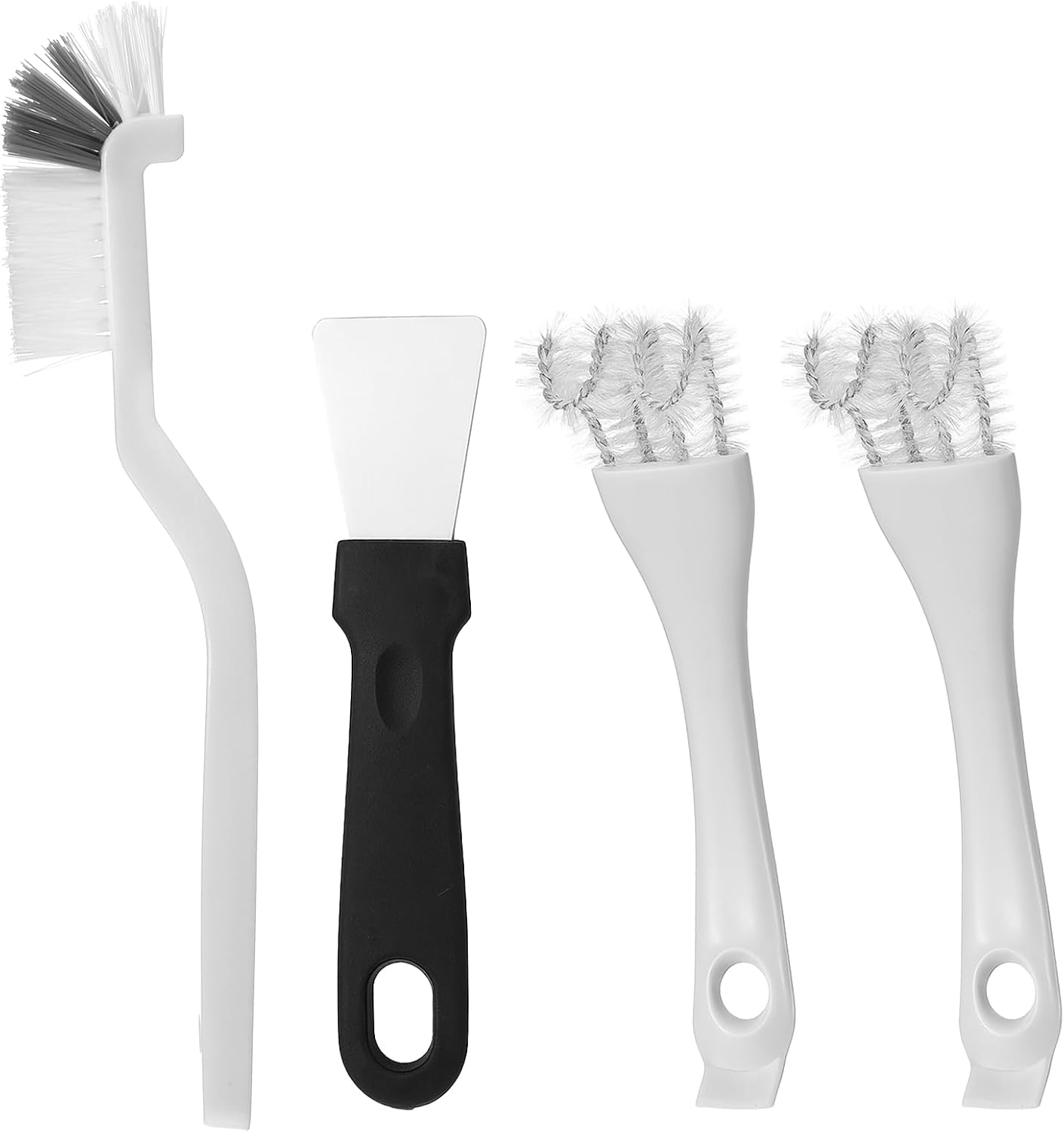 Macuezu bird cage cleaning brush set front view showing four pieces including shovel and elbow brushes for pet cage maintenance