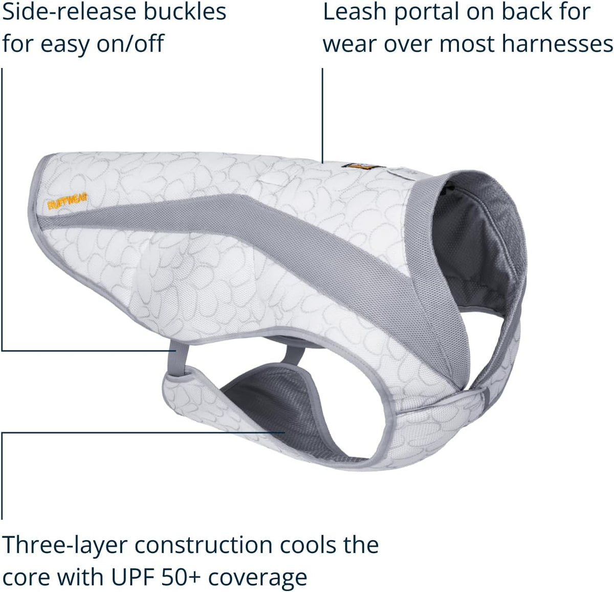 Medium size pet cooling vest side-release buckles close up view