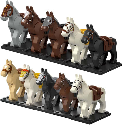 ALiquid custom minifigure war horse set front view featuring ten black horses with saddles