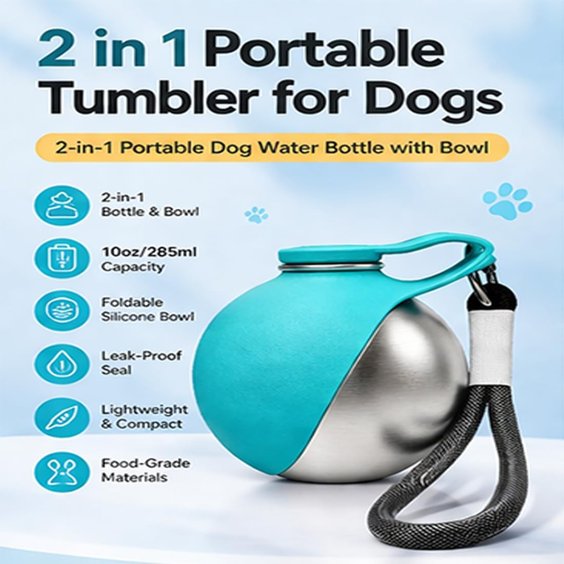 Cxyrna stainless steel dog water bottle with folded blue silicone bowl