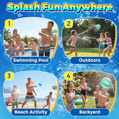 A group of kids playing a backyard summer water fight game with multicolored refillable silicone balloons.