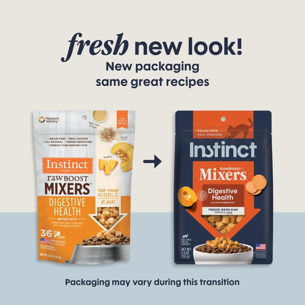 Instinct freeze dried raw cat food toppers chicken recipe showing ingredients list