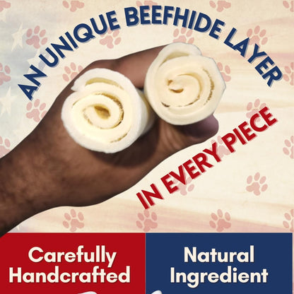 Five to six inch natural beefhide rolls arranged neatly for dog dental care.
