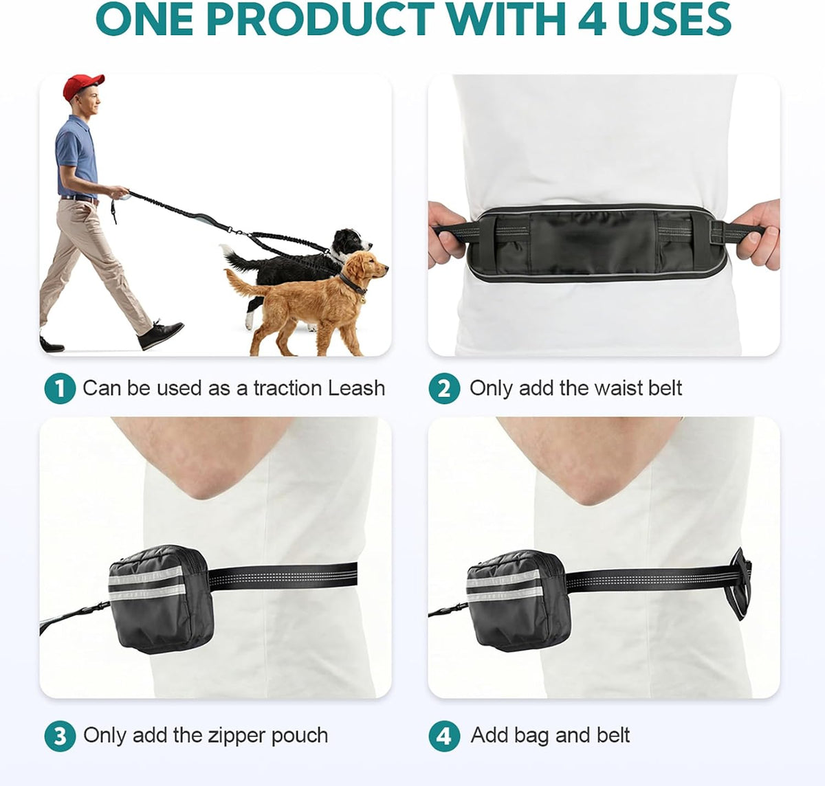 Multi dog walking belt system with weather resistant storage zipper pouch