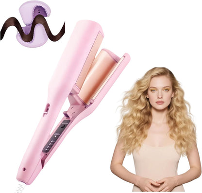 HOVCEH French wave curling iron front view showcasing the pink ceramic barrels and ionic styling plates.