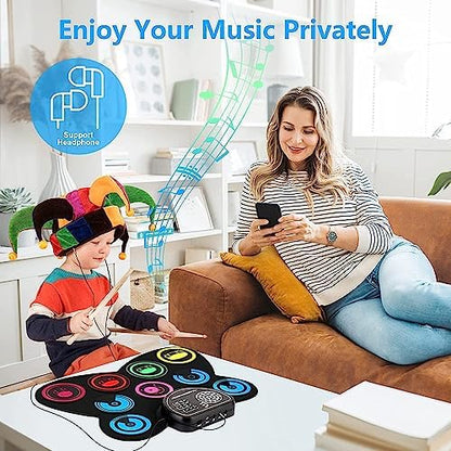 EKEMOND silicone electronic drum pad partially rolled up to demonstrate its lightweight and portable holiday gift design.