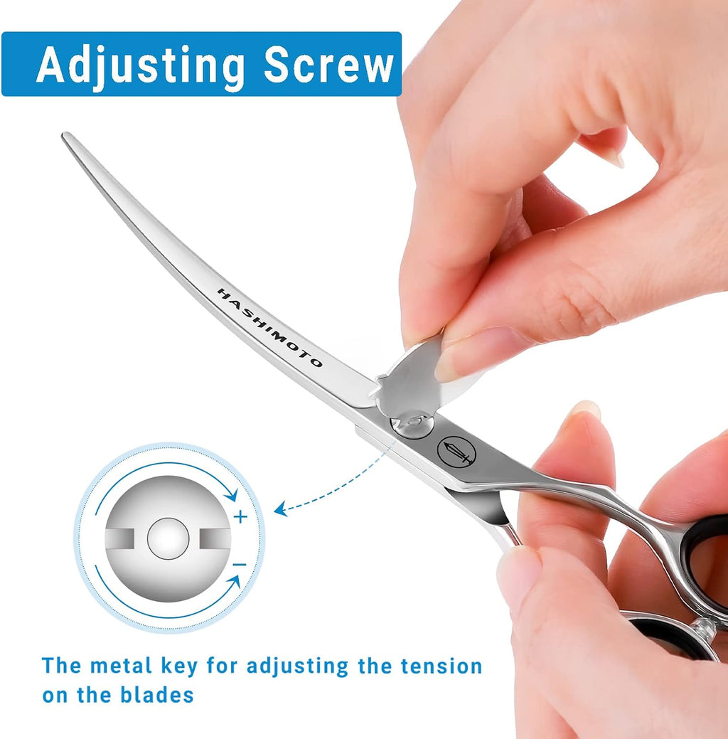 HASHIMOTO 6.5 inch curved grooming scissors showing symmetric craned handle design