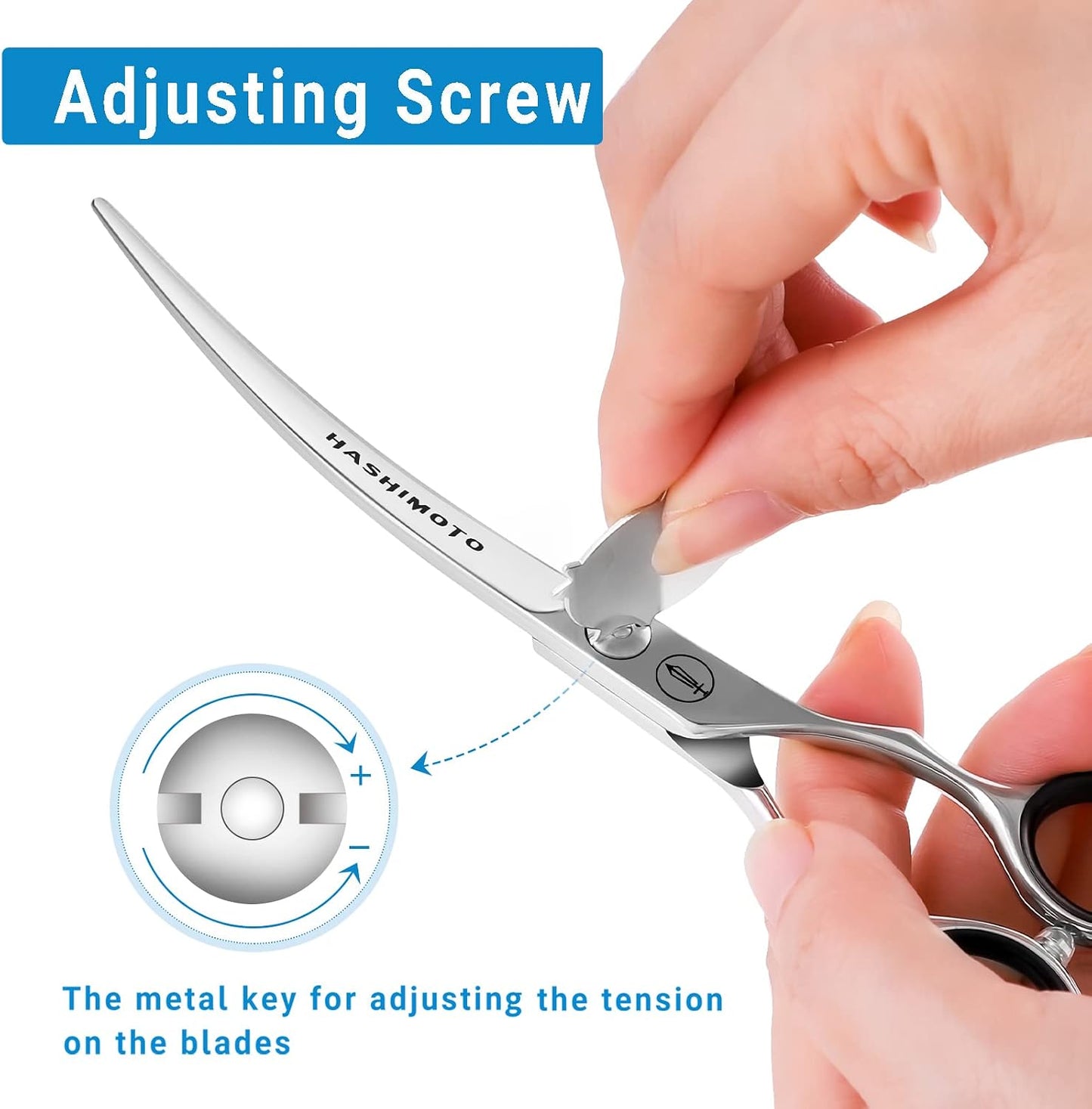 HASHIMOTO 6.5 inch curved grooming scissors showing symmetric craned handle design