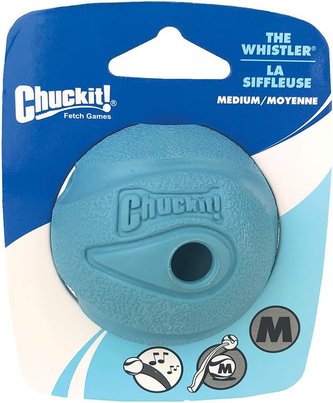 Tough rubber whistling fetch toy for dogs weighing 20 to 60 pounds