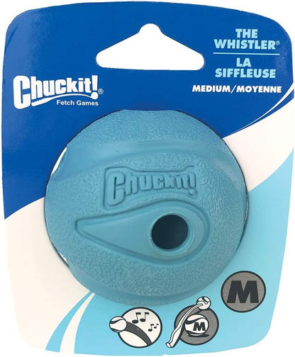 Tough rubber whistling fetch toy for dogs weighing 20 to 60 pounds