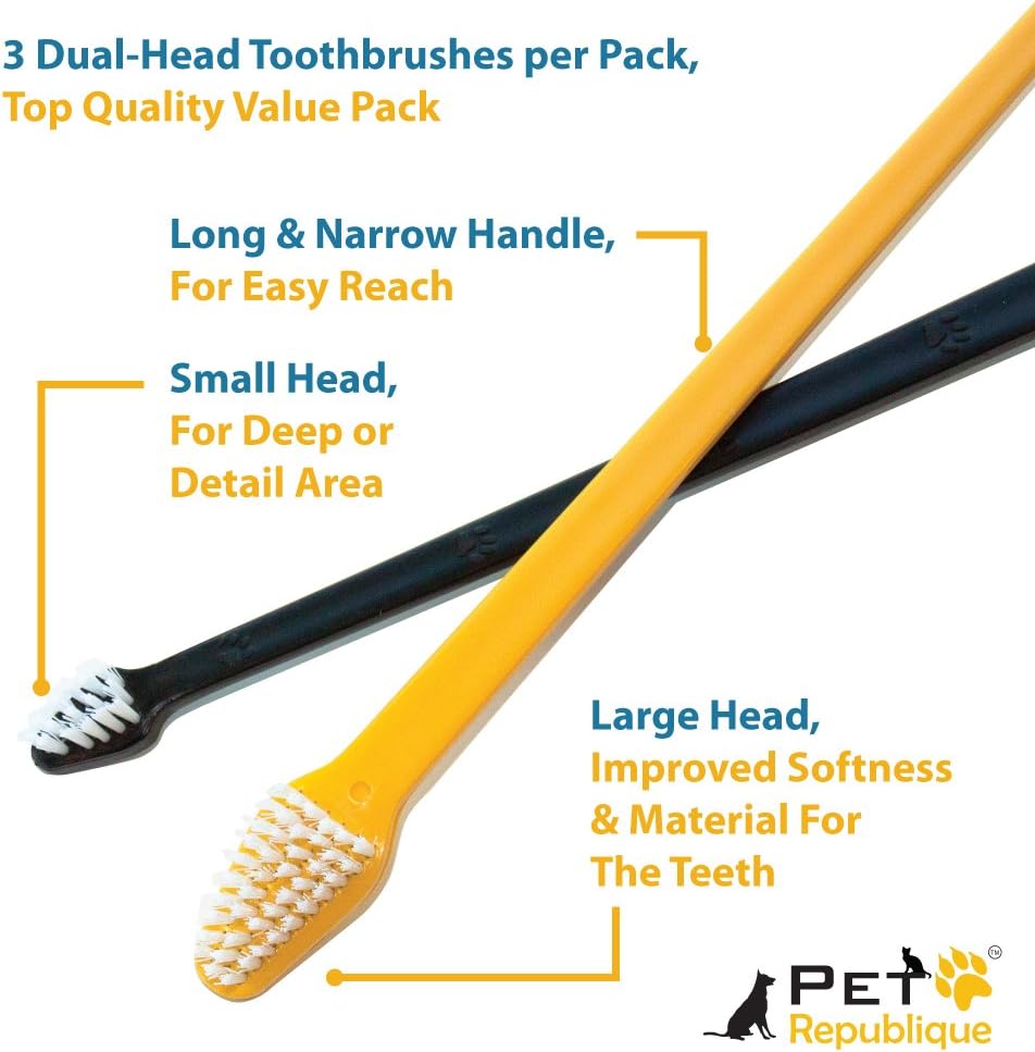 Yellow and black Pet Republique dog toothbrushes showcasing the long 8.5-inch ergonomic handle design