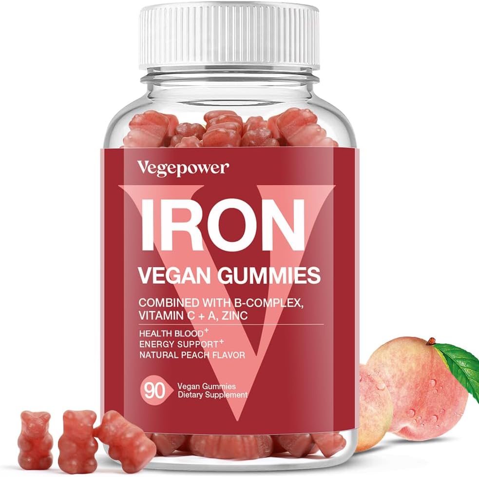 VEGEPOWER Vegan Iron Gummies 90 Count front view bottle showcasing peach flavor supplement for blood health.