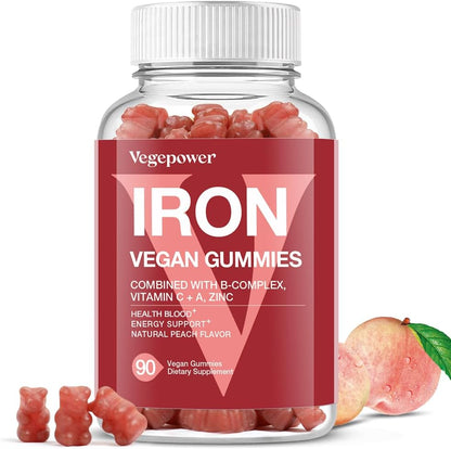 VEGEPOWER Vegan Iron Gummies 90 Count front view bottle showcasing peach flavor supplement for blood health.