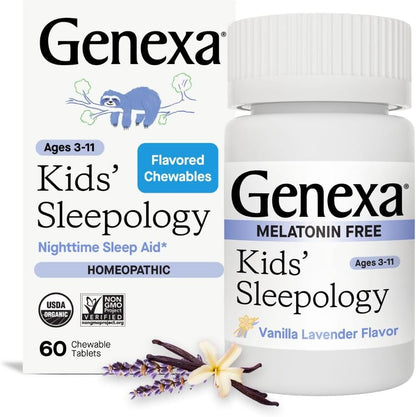 Genexa Sleepology for Children 60 chewable tablets front retail packaging showing organic nighttime sleep aid certification.