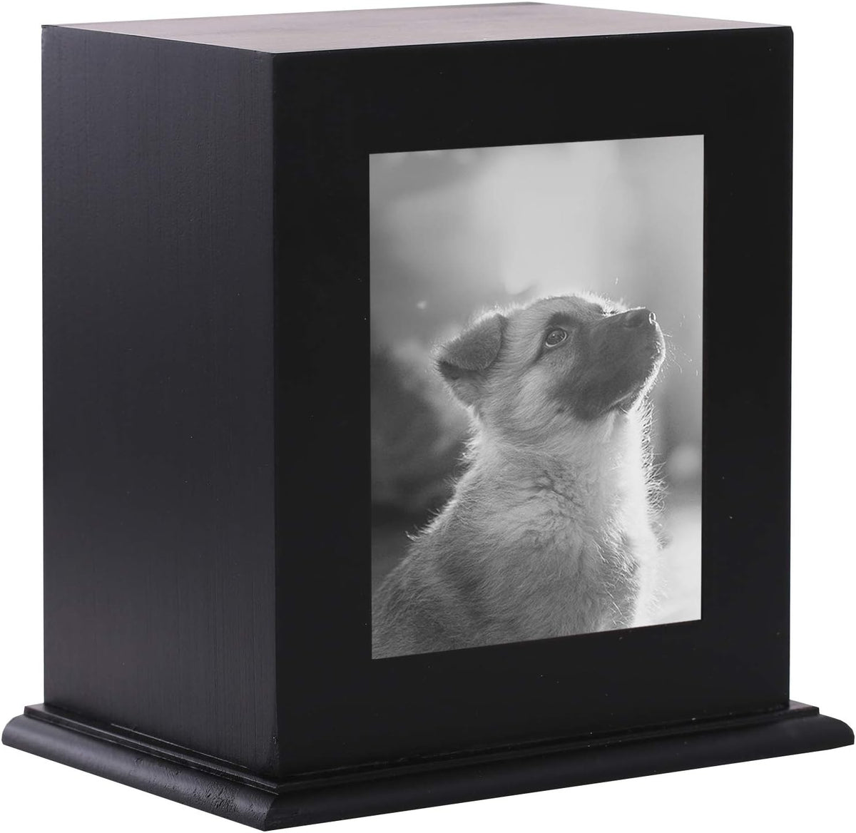 BRKURLEG pet wood memorial urn front view showcasing photo frame