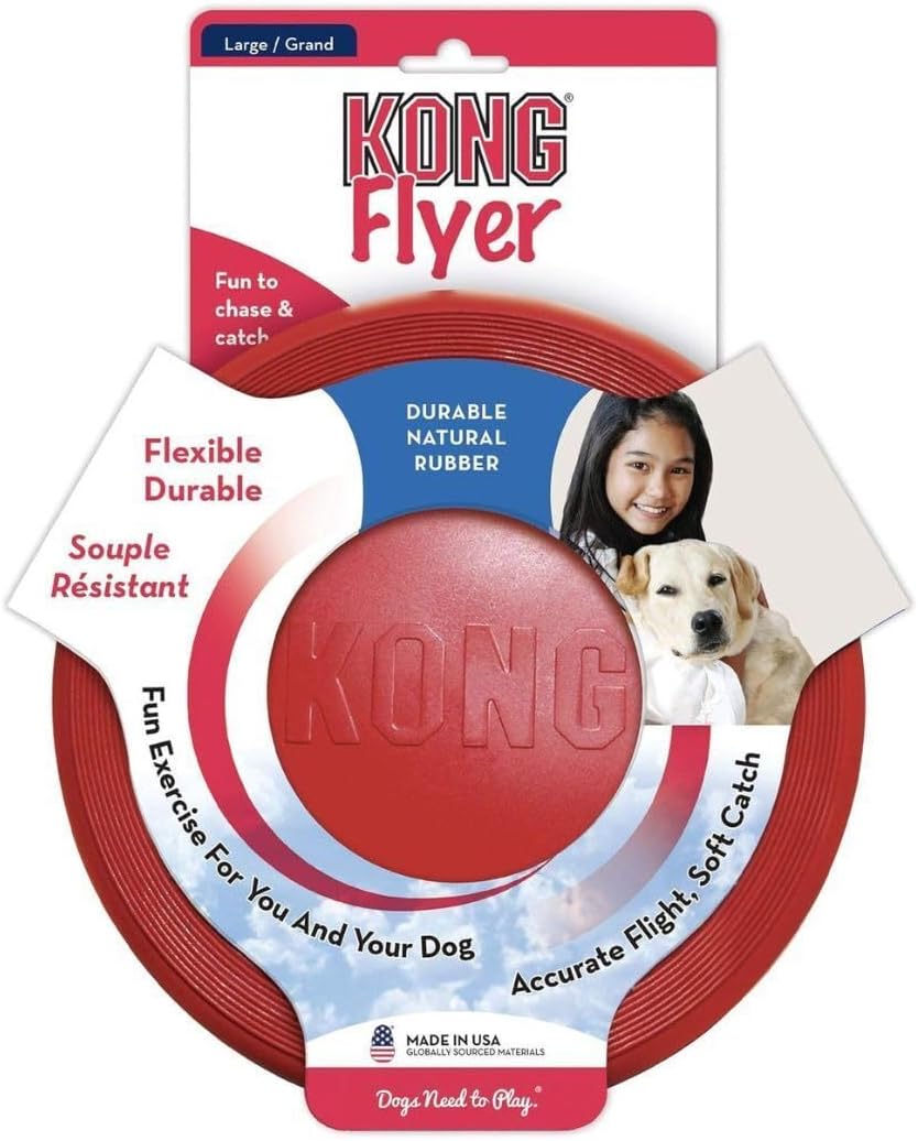 Two red Kong Flyer dog discs for outdoor fetch