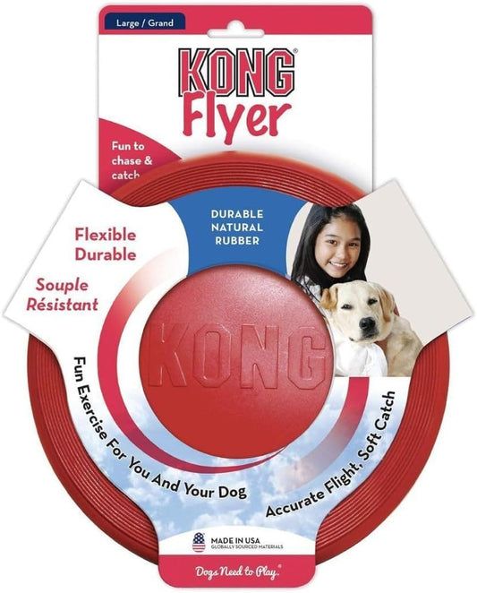 Two red Kong Flyer dog discs for outdoor fetch